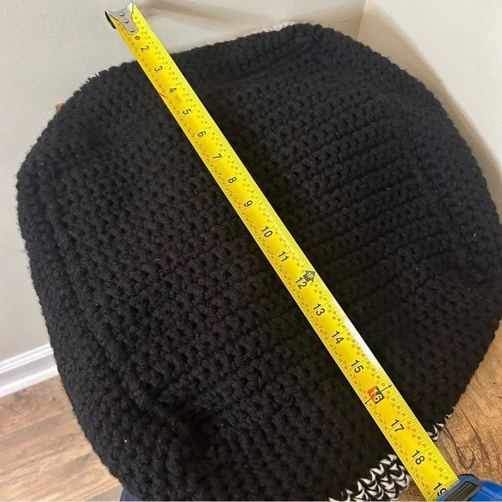 Large Homemade Hand Knit Soft Tote Basket Toy Storage Black Cream Gray Crochet